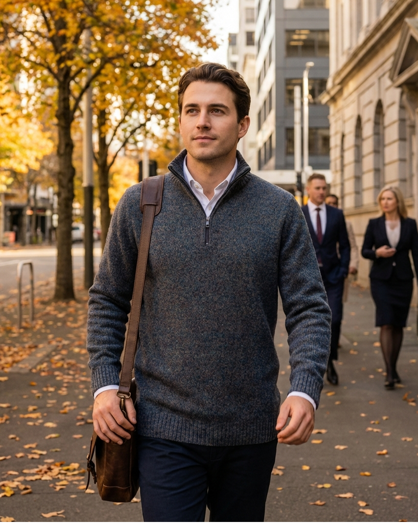 Brown haired man posing wearing a light blue sweater.