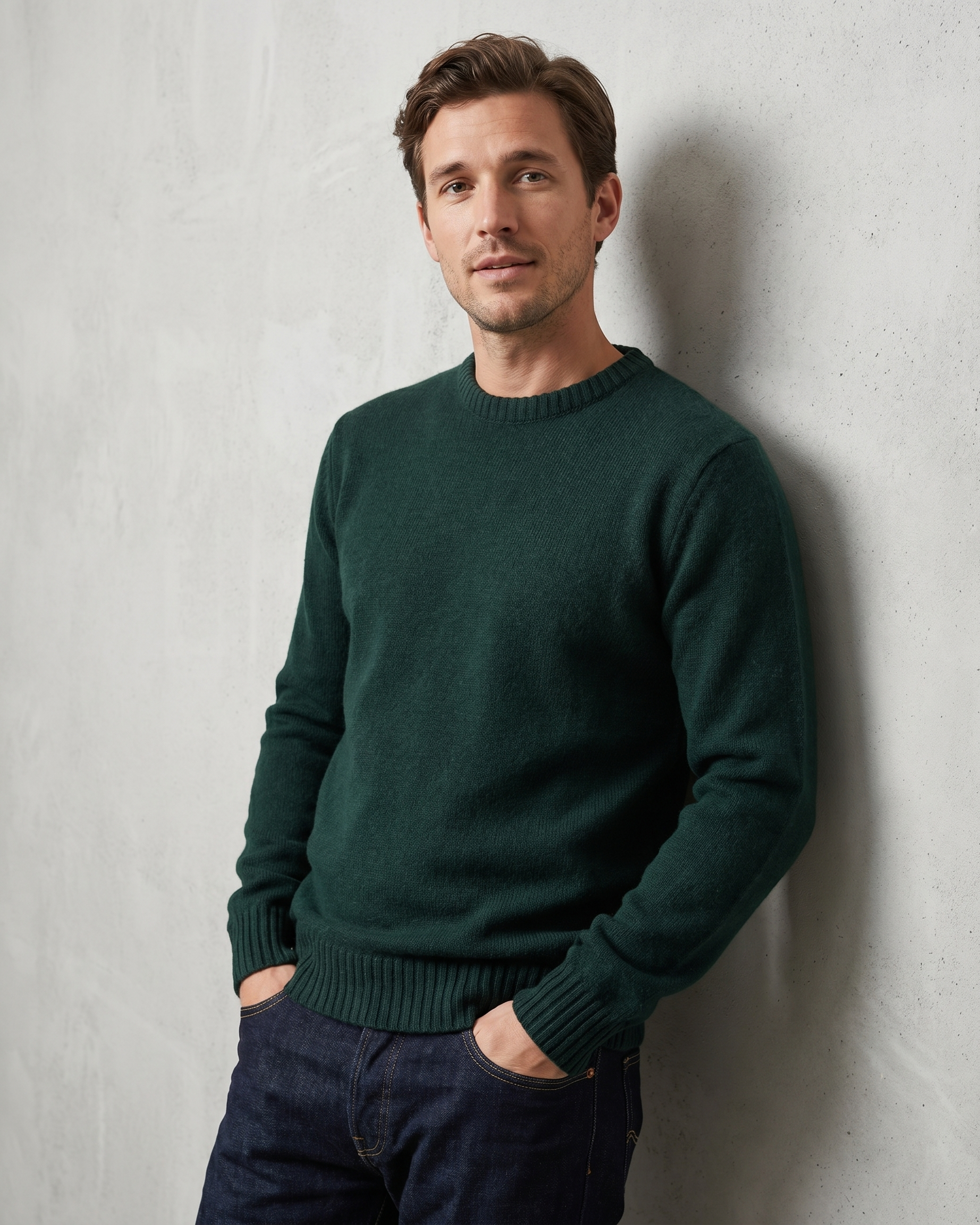 Man wearing a dark green sweater leaning against a plain background wall
