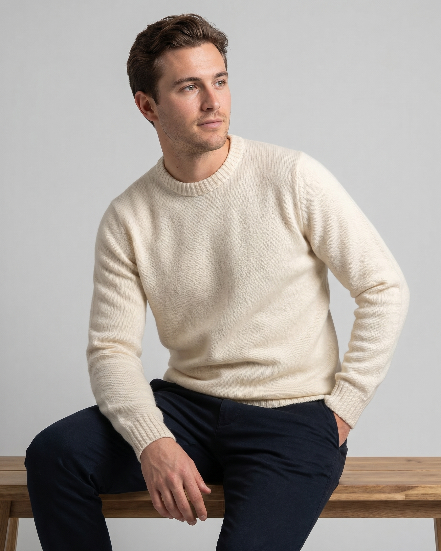Man wearing a cream sweater sitting on a wooden bench against a light gray background
