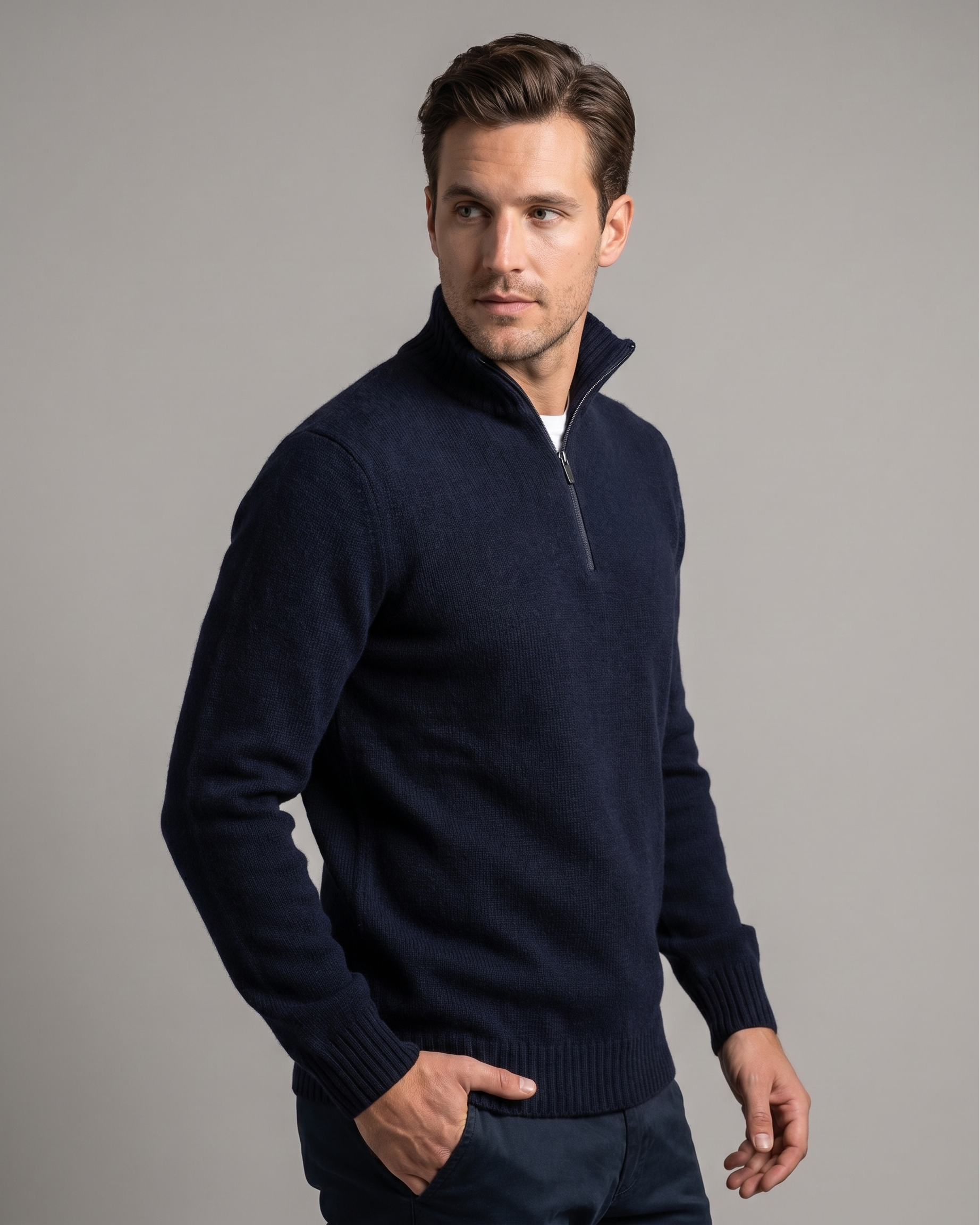 Man wearing a navy blue quarter-zip sweater against a gray background
