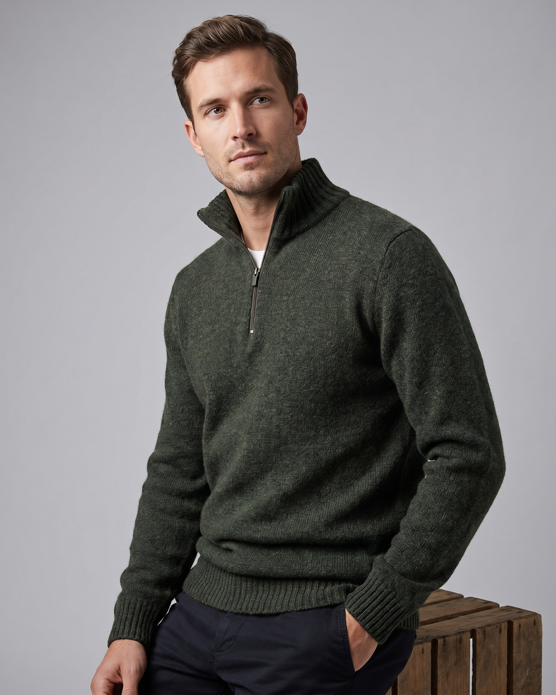 Man wearing a dark green quarter-zip sweater on a gray background