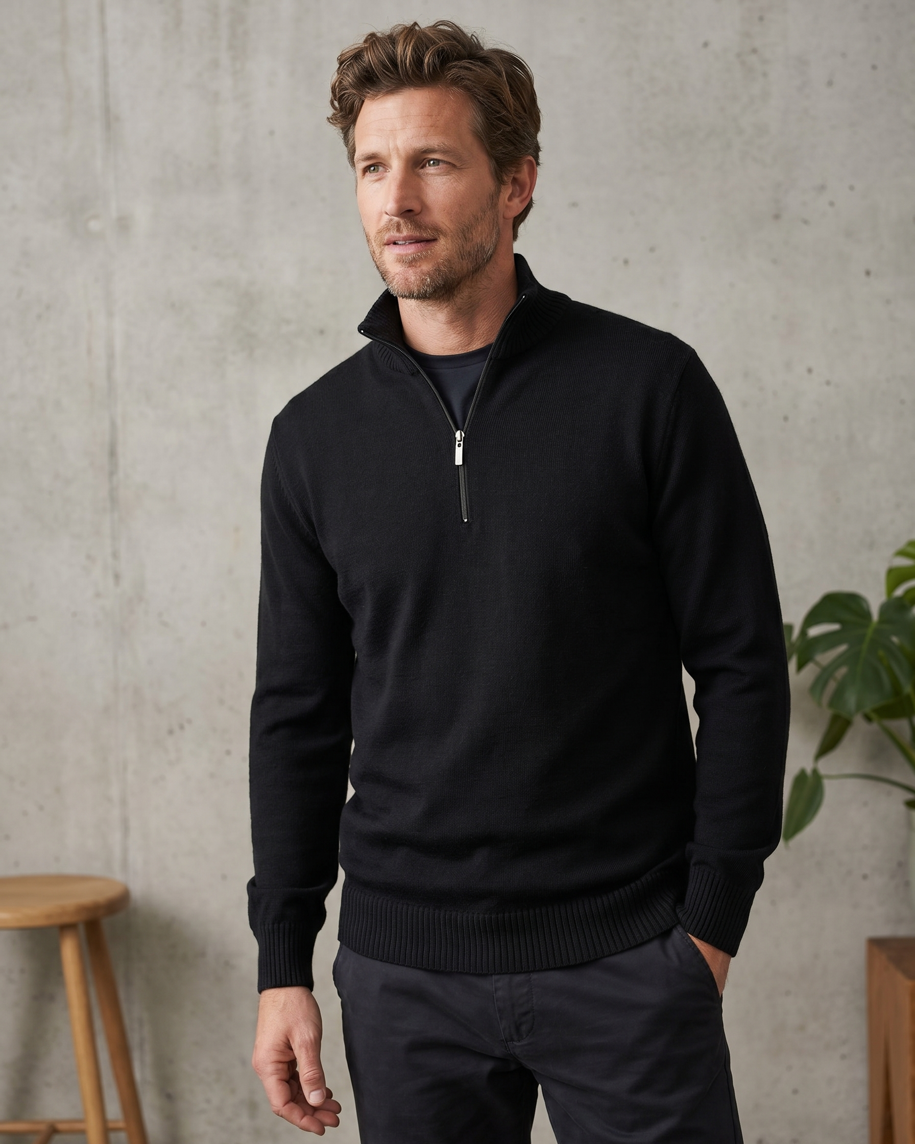 Man wearing a black quarter-zip sweater against a concrete wall.