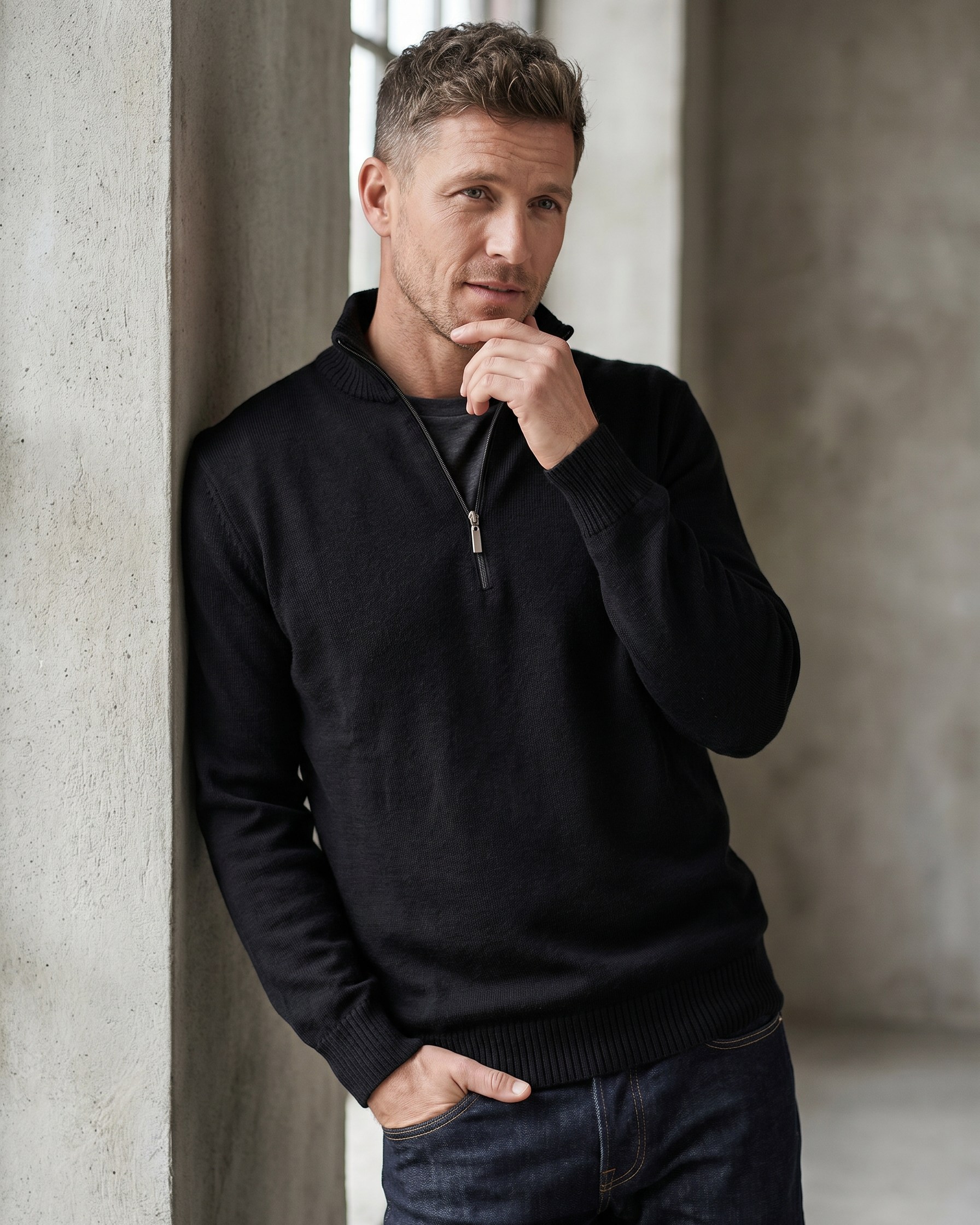 Man wearing a black quarter-zip sweater leaning against a concrete wall.
