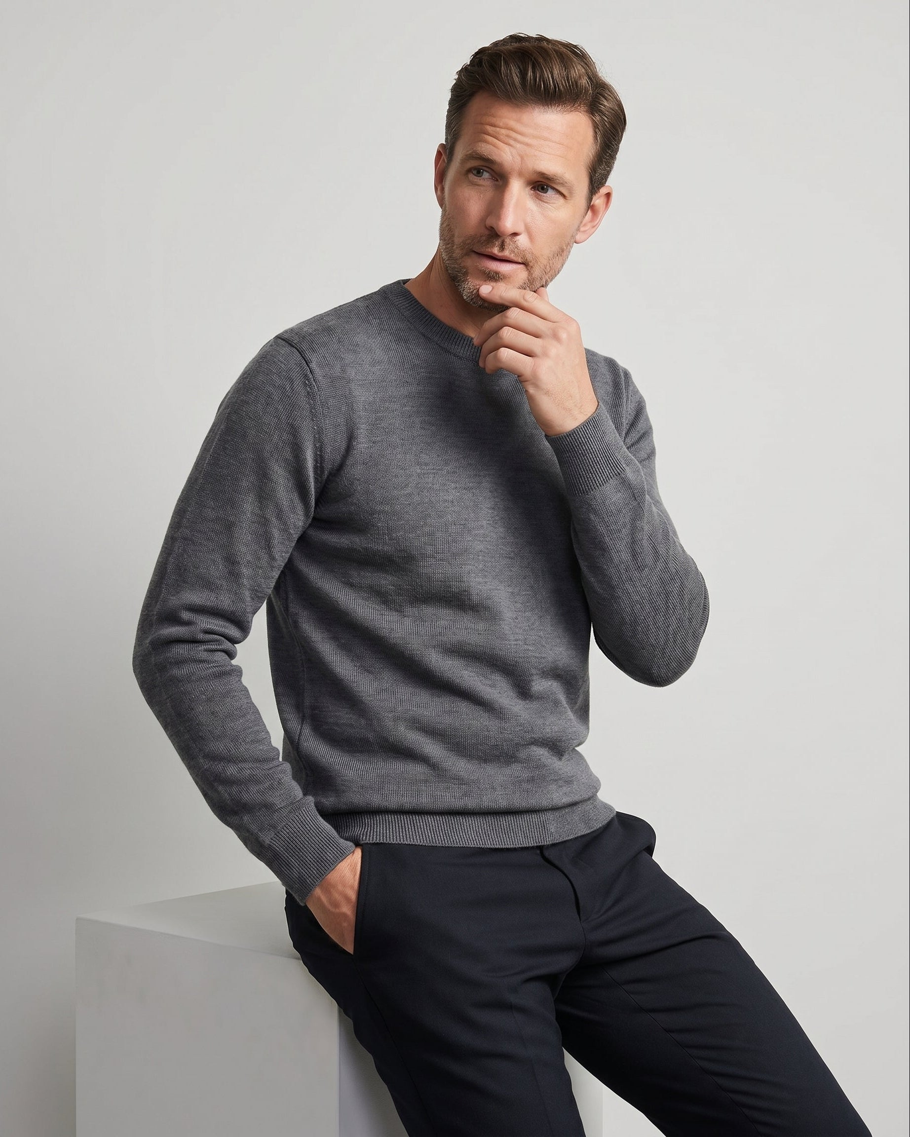 Man wearing a gray sweater and black pants sitting on a white block against a light gray background