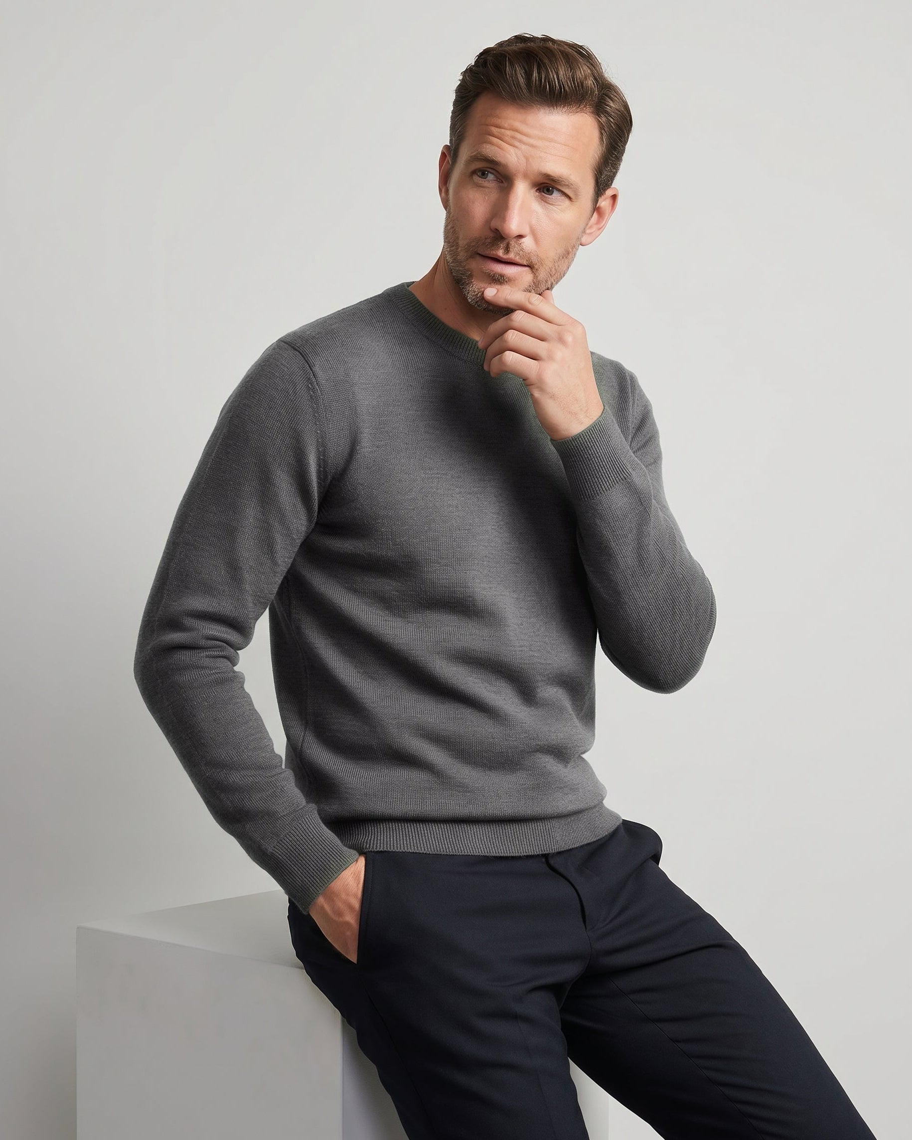 Man wearing a gray sweater and black pants sitting on a white block against a light gray background