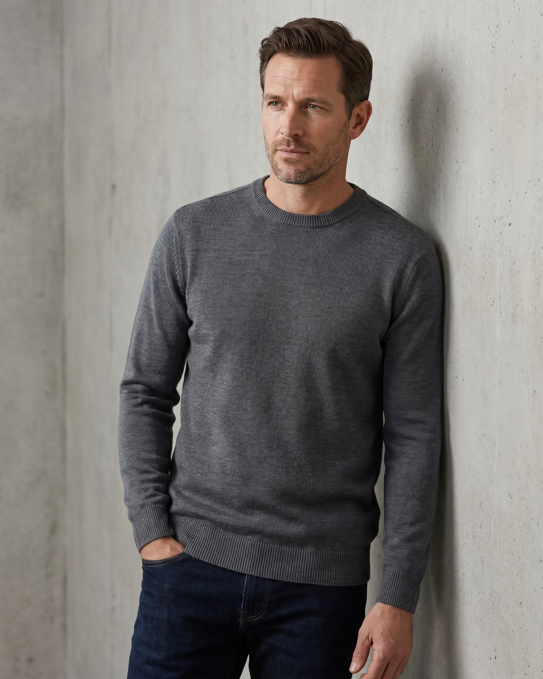 Man wearing a gray sweater against a concrete wall