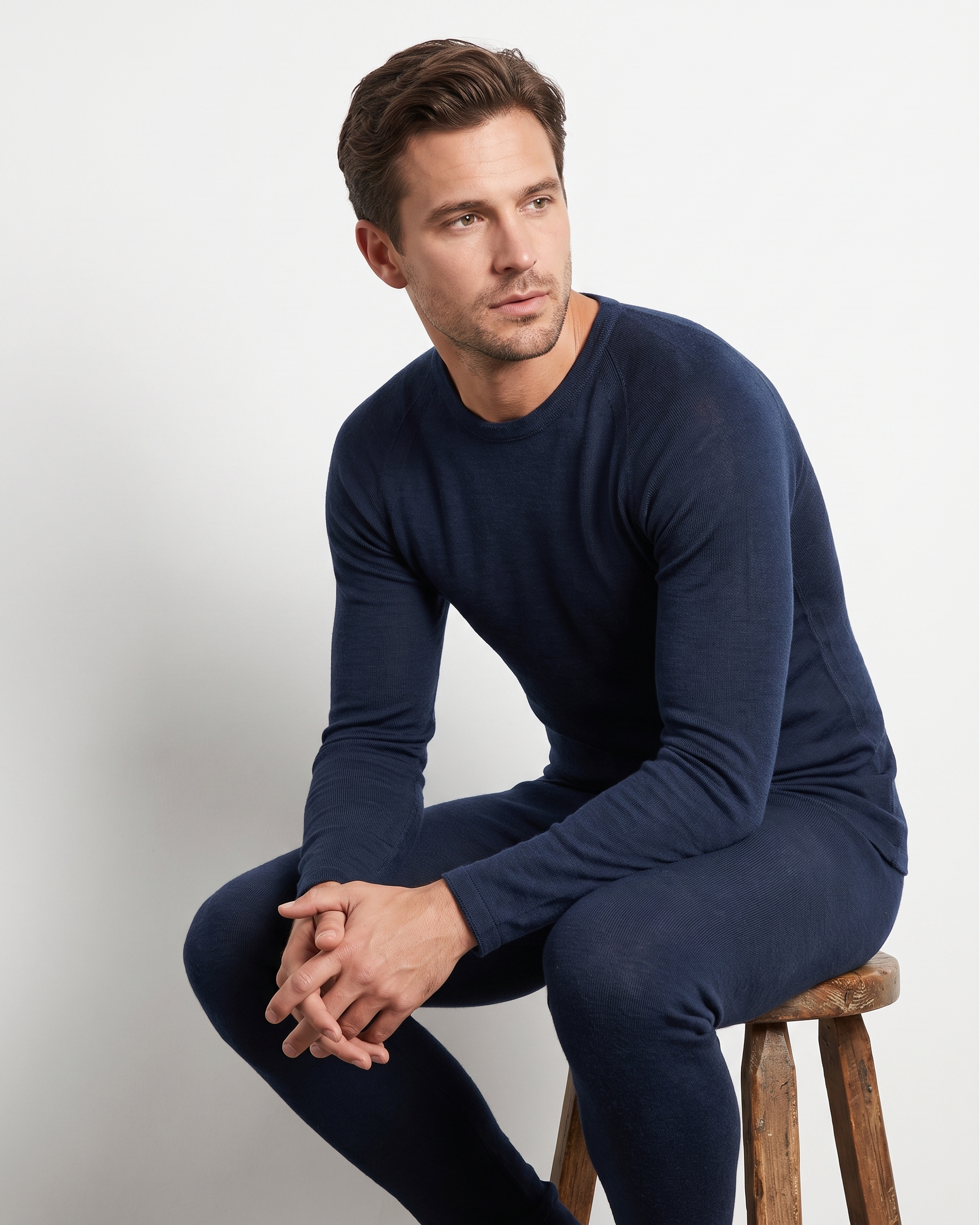 Man wearing a navy blue long-sleeve thermal on a wooden stool against a plain background.