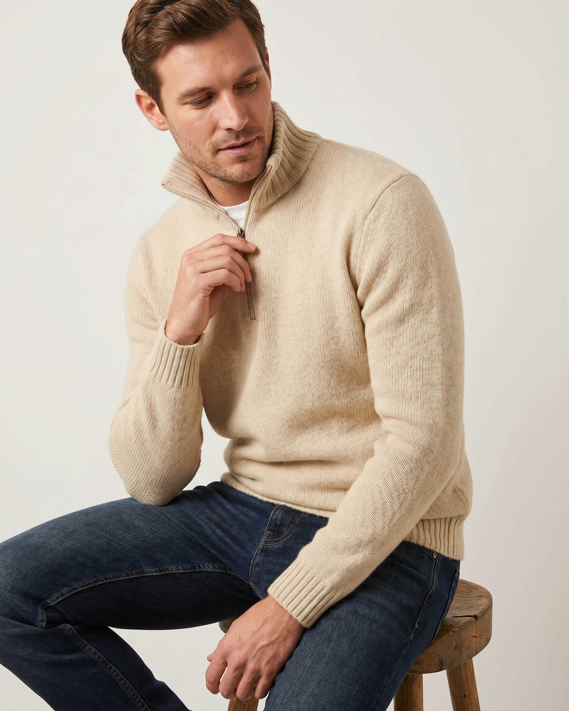 Man wearing a beige quarter-zip sweater sitting on a wooden stool against a white background