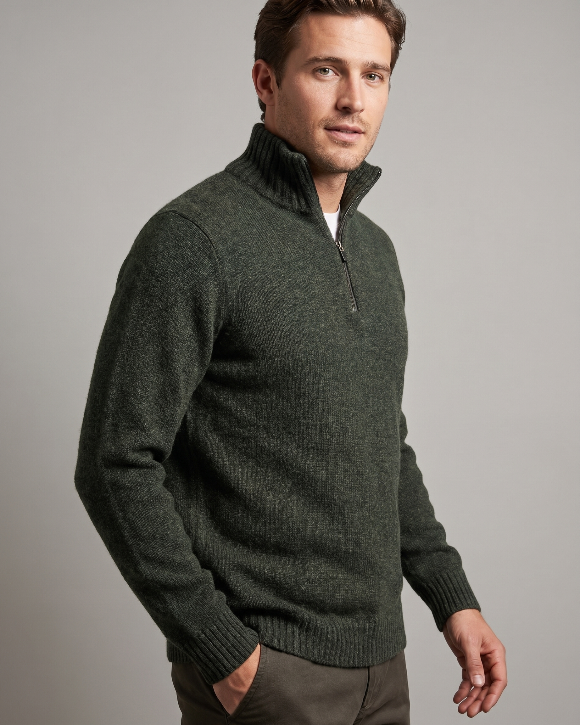 Man wearing a dark green quarter-zip sweater on a gray background