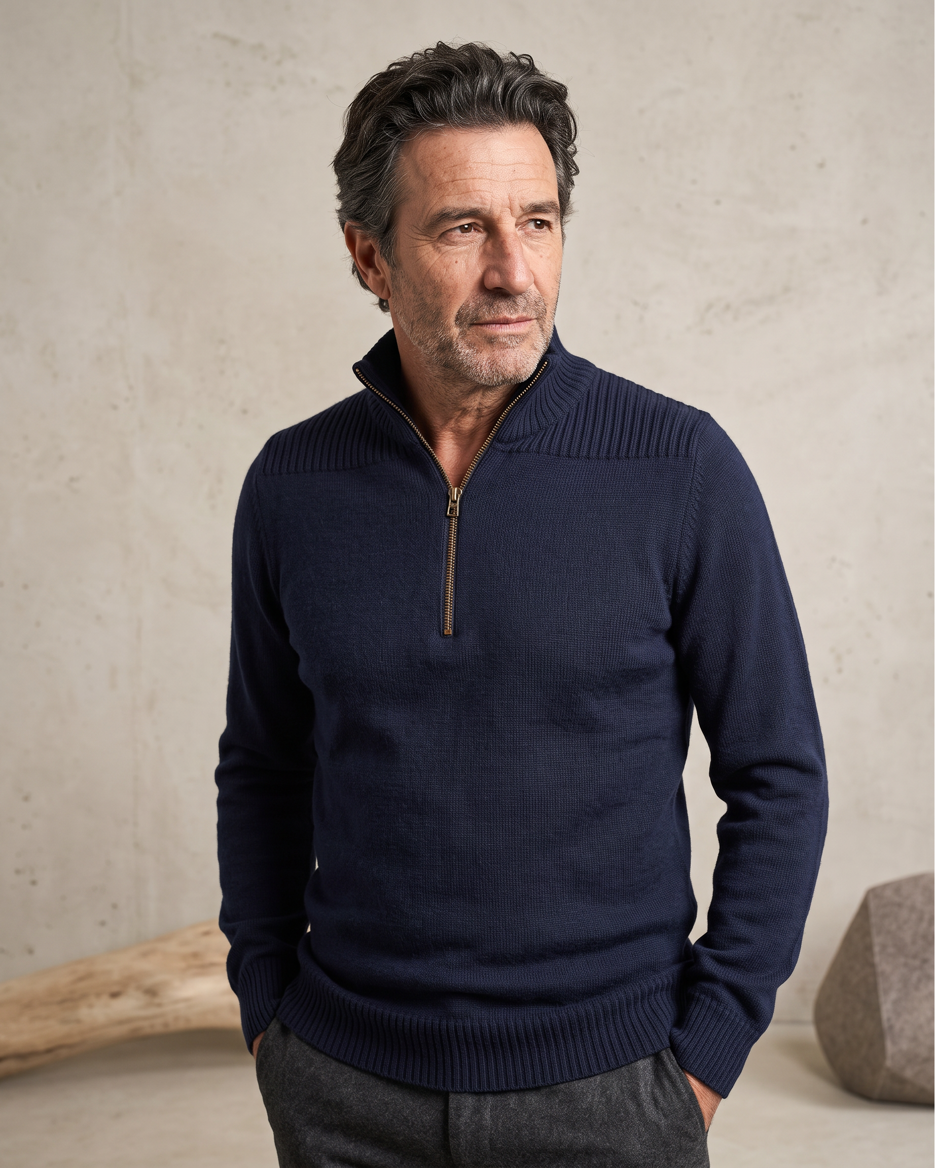 A man wearing a navy blue quarter-zip knit sweater with a ribbed mock neck, standing against a textured light beige wall.
