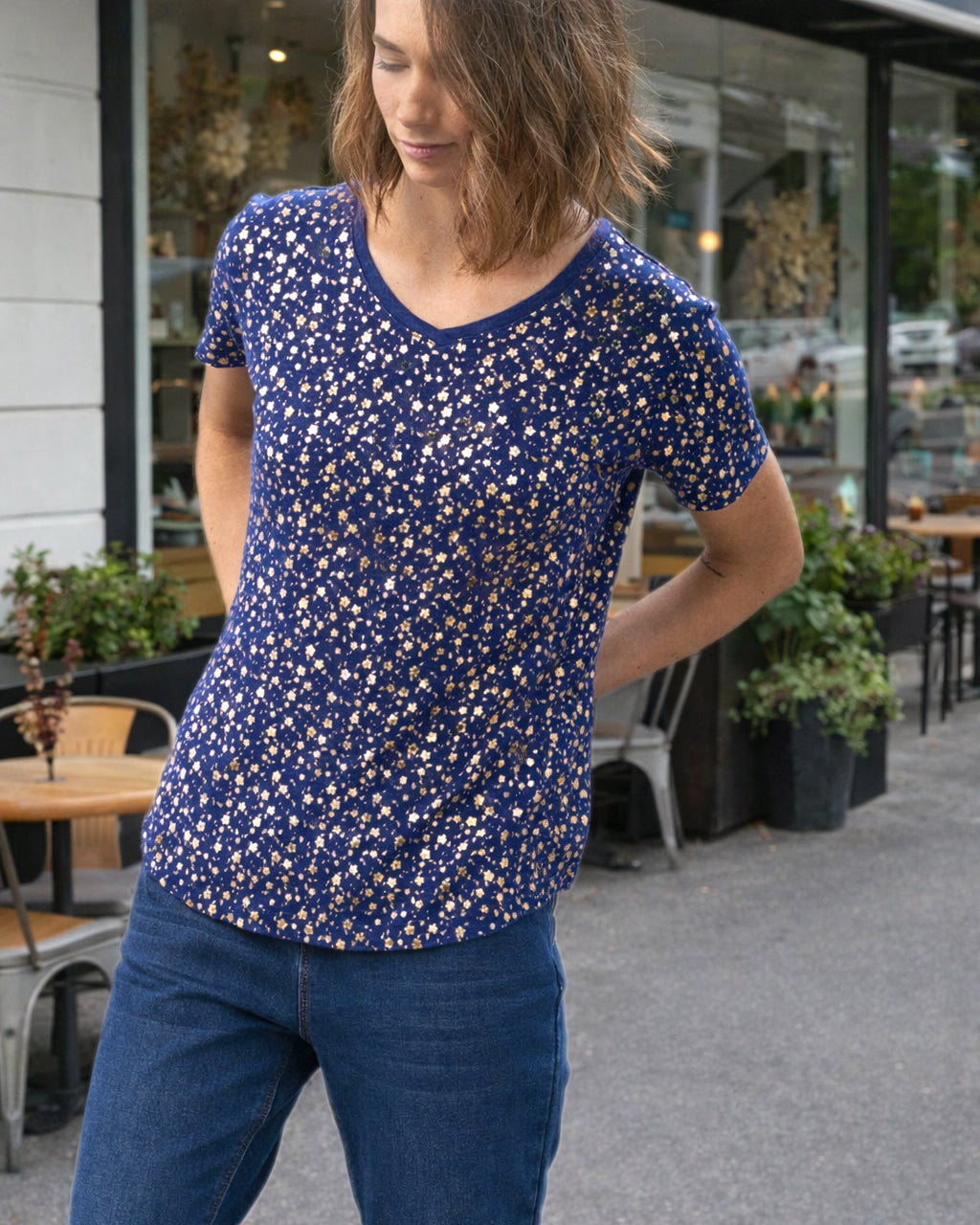 LINEN BLOSSUM FOIL PRINT TEE