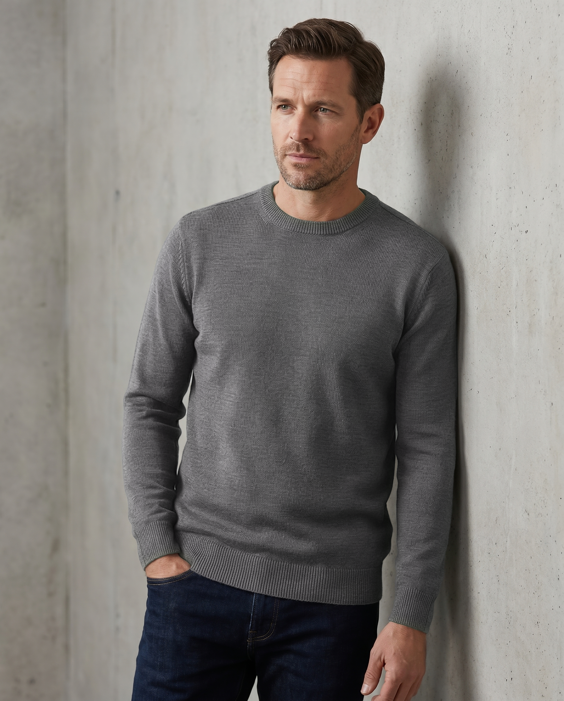 Man wearing a gray sweater against a concrete wall