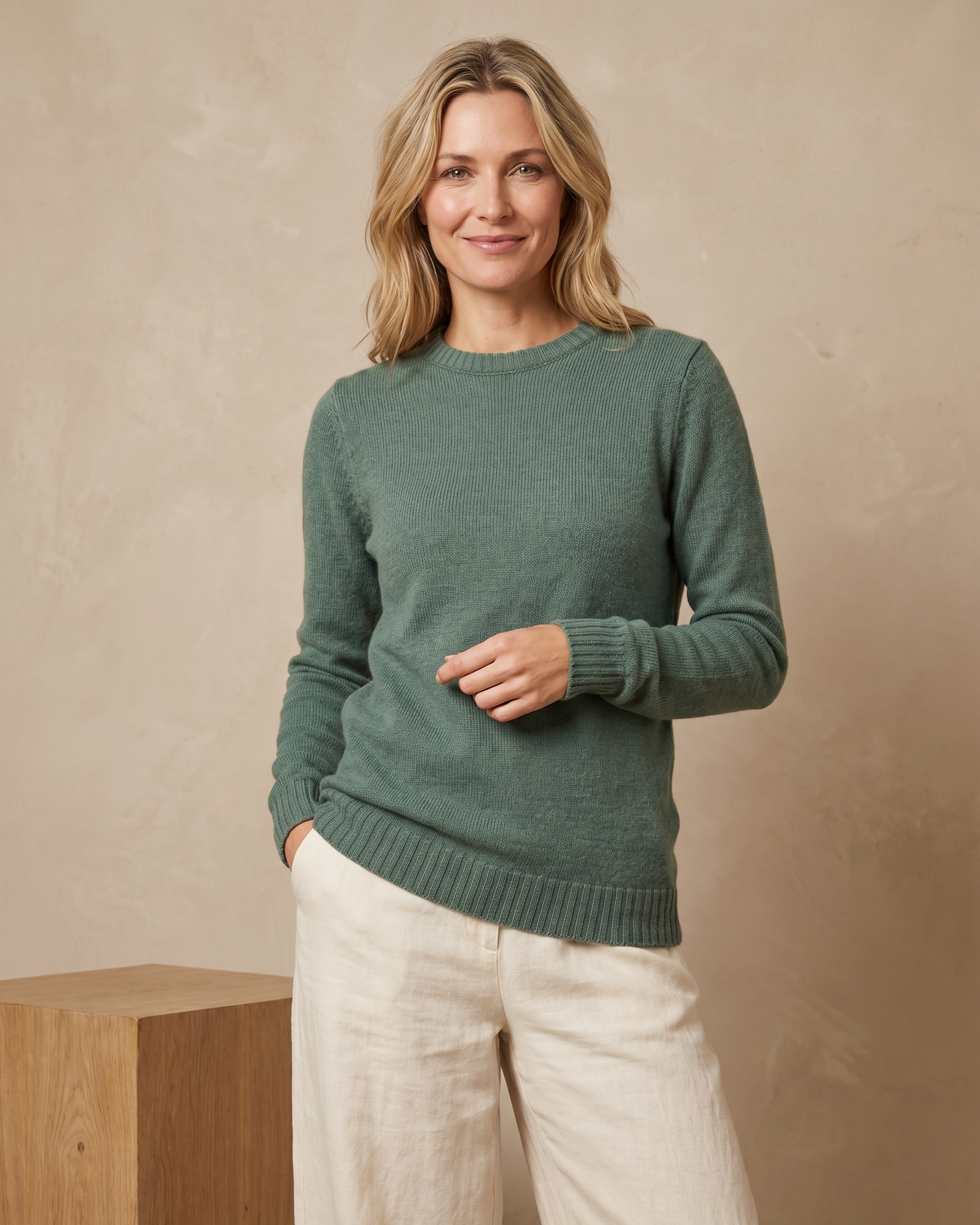 Woman wearing a sage sweater and white pants against a beige background